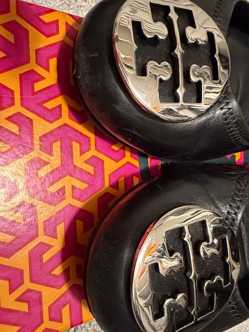 Tory Burch Black Leather Logo Ballet Flats with Silver Emblem - Picture 3 of 3